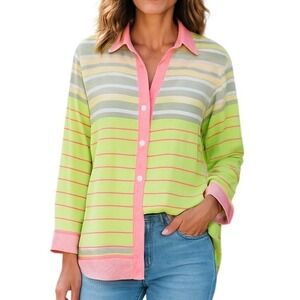 Davi & Dani Striped Button Down Shirt WM Size Medium Neon Green Pink White Gray‎